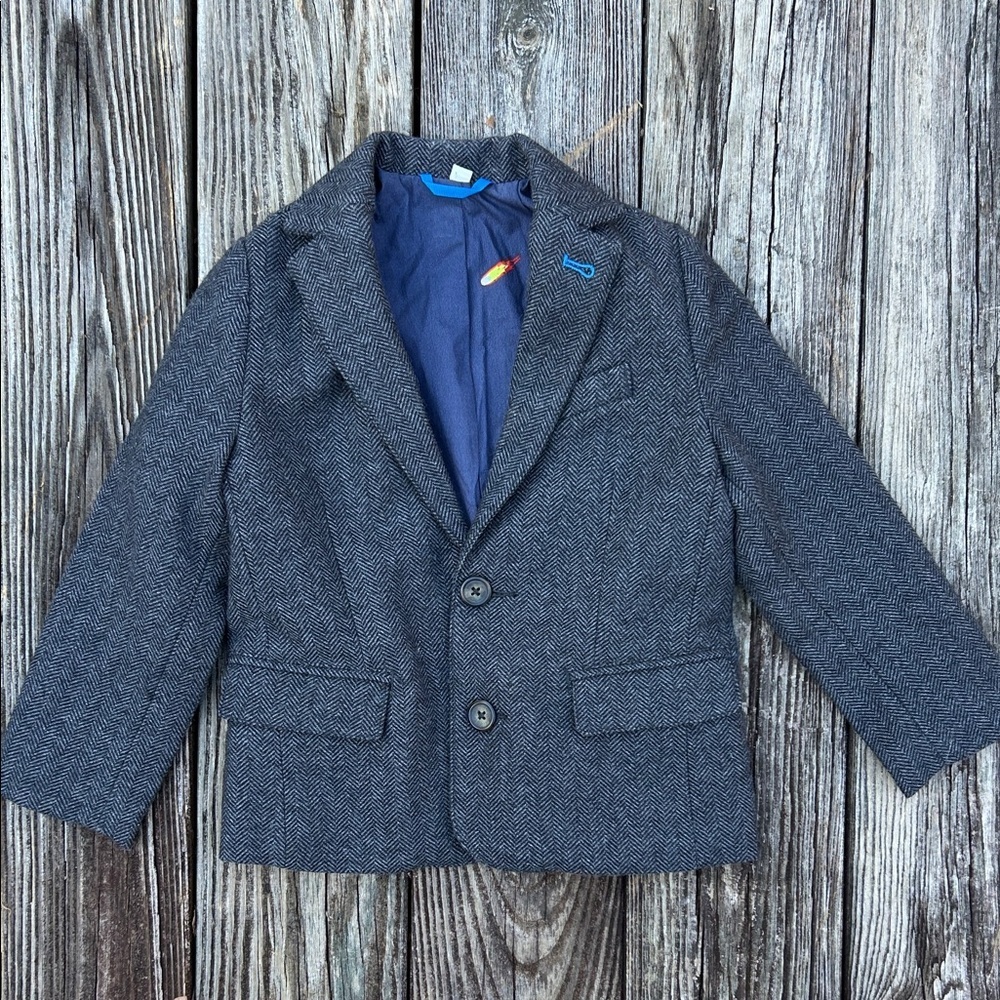 Boden Boys Gray Herringbone Blazer Jacket Blue Lined Size 4 5  school pictures - Picture 7 of 7